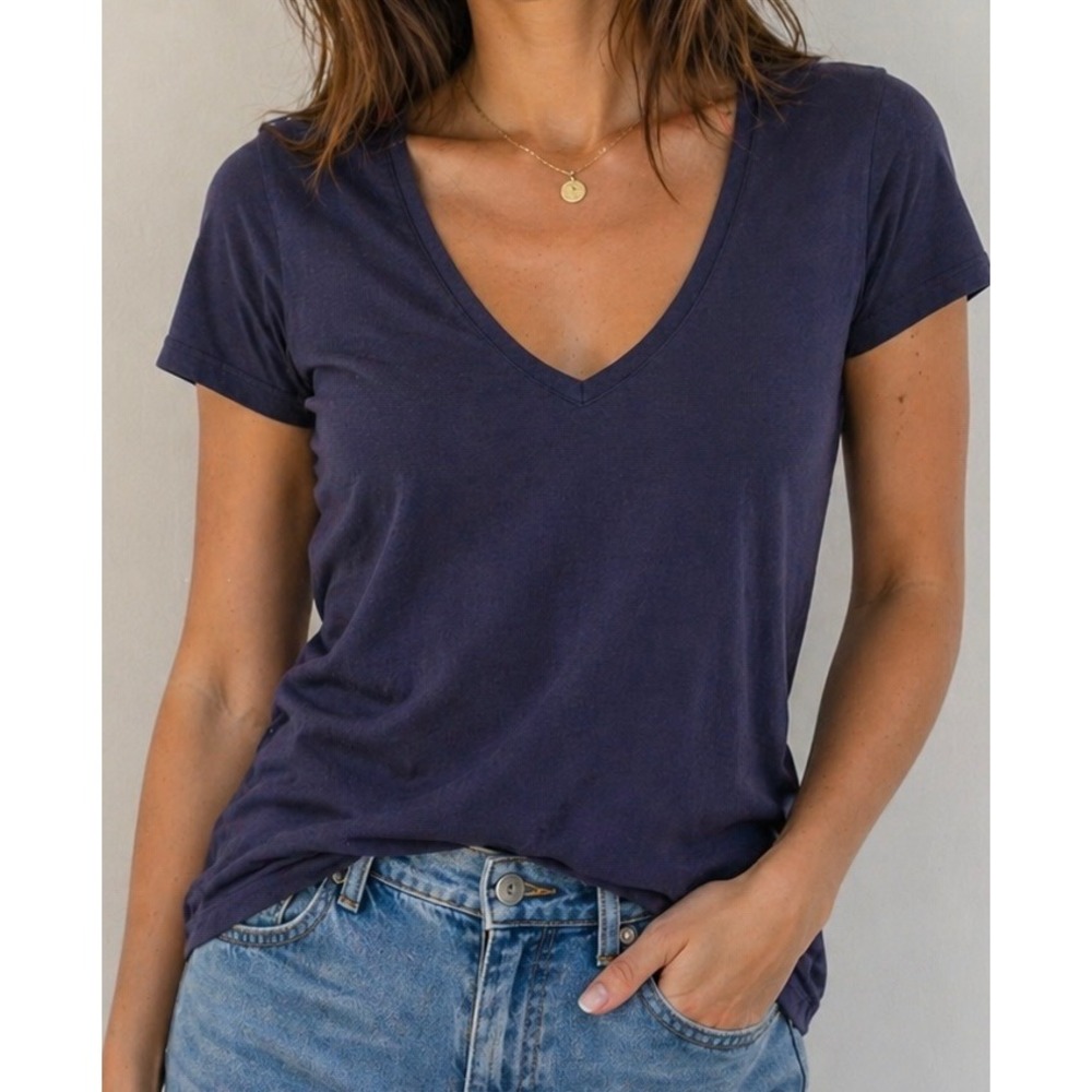 Merona Navy Blue V-Neck Tee Womens Large Short Sleeve Cotton Shirt